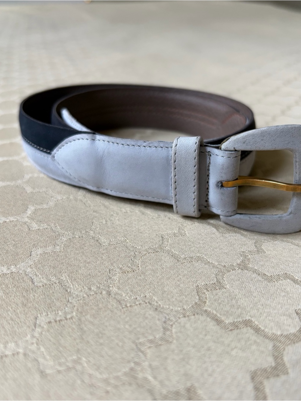 Rodier Vintage Suede Gold Tone Blue and Brown Colorblock Leather Belt 30”